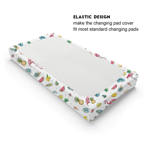 Watercolor Summer Flamingo Changing Pad Covers, Tropical Leaves, Lemon Pineapple Watermelon, Soft Stretchy Diaper