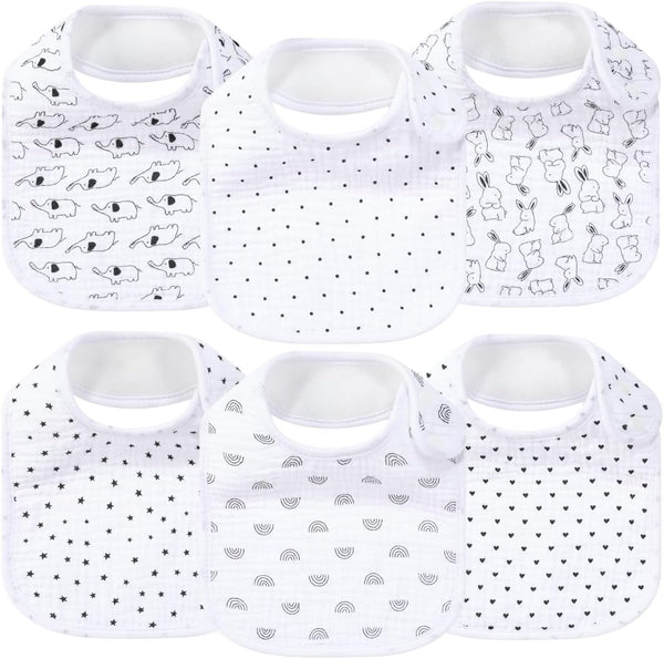 Baby 6-Pack Unisex Muslin Bibs, Absorbent, Soft, Cute for Baby Boys and Girls, 100% Cotton