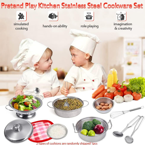 Kids Mini Cooking Toys Set - 11Pcs Pretend Play Kitchen Accessories with Stainless Steel Pots, Pans, and Utensils