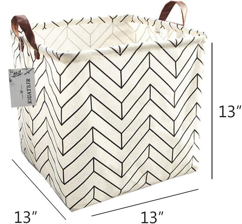Square Canvas Toy Storage Bins with Handle - Collapsible Organizer for Nursery, Kid's Toy & Laundry (White-Geometric)