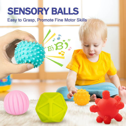 Jyusmile Baby Toys for 6-12 Months, Montessori Stacking Blocks, Soft Teething Toys & Sensory Balls