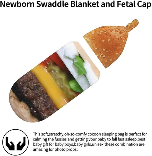 Qiankang 3D Sets Funny Hamburg Newborn Swaddling Blanket Beanie Hat Soft Baby Receiving Funny Food Blanket Soft