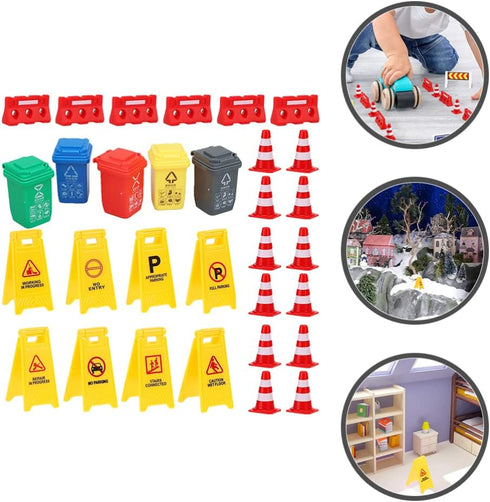 TOYANDONA 31Pcs Road Signs for Kids - Miniature Plastic Traffic Cones and Roadblocks Educational Playset