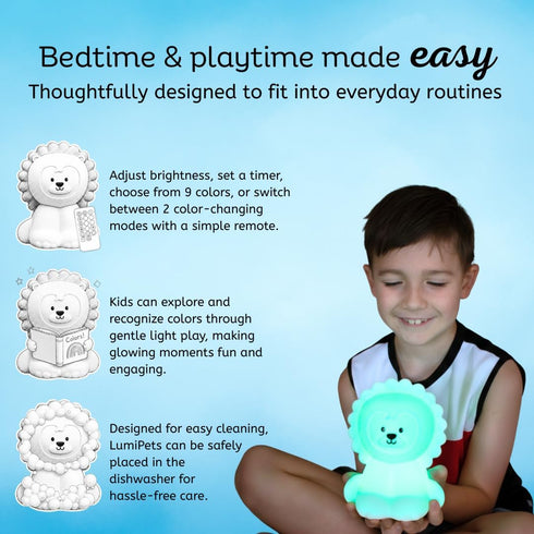 9 Lumipets Remote Control Silicone Night Light for Kids - Lion Design with Soft Colors & Sleep Timer - Rechargeable