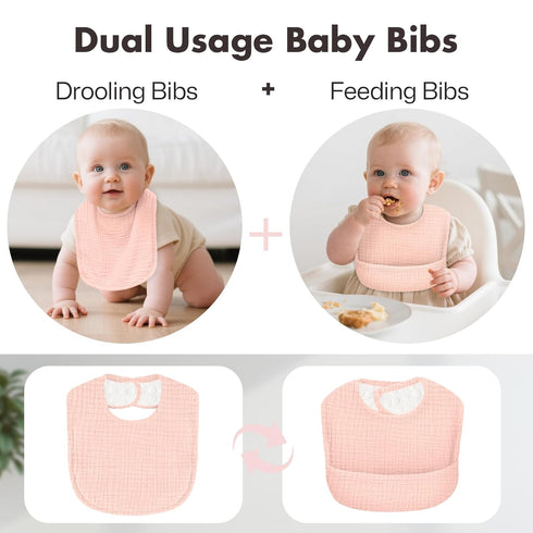 COMFYROLL 8 Pack Drool Bibs for Baby Girls & Boys, Baby Muslin Bibs for Drooling and Teething with Hidden Pocket, Soft