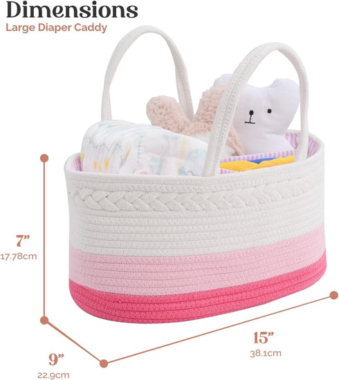 Luxury Diaper Caddy Organizer, Large Cotton Rope Nursery Basket for Baby Diaper Storage, Portable with Removable Divider