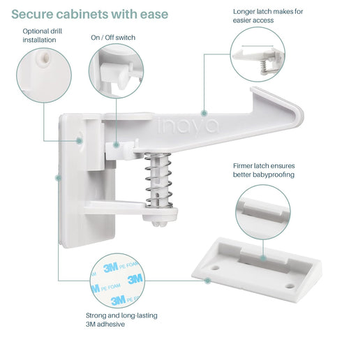 Inaya Cabinet Locks Child Safety Latches - Baby Proofing Cabinets & Drawers Locks - Child Proof Your Home - No Drilling & No Tools Required! (12 Pack)
