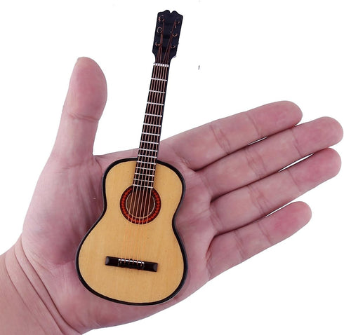 Dselvgvu Wooden Miniature Guitar with Stand and Case, Mini Musical Instrument Dollhouse Model (6.51"x2.28"x0.89")
