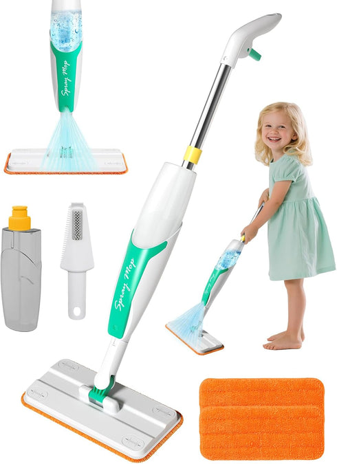 Kids Spray Mop Toy Toddler Cleaning Set with Real Water Sprayer, Microfiber