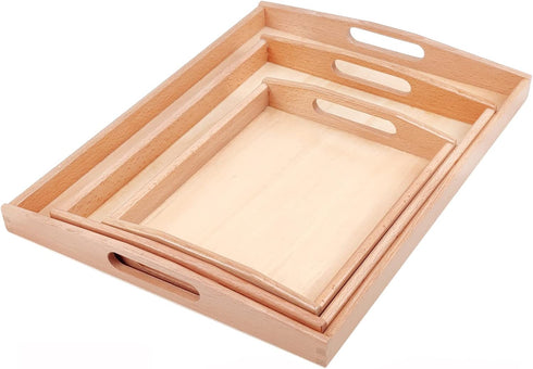 Montessori Wooden Trays with Handles - 3 Pack Small, Medium, Big Quality Wood Trays for Kids Activities, Toy Storage