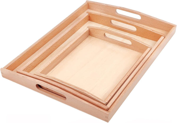 Montessori Wooden Trays with Handles - 3 Pack Small, Medium, Big Quality Wood Trays for Kids Activities, Toy Storage