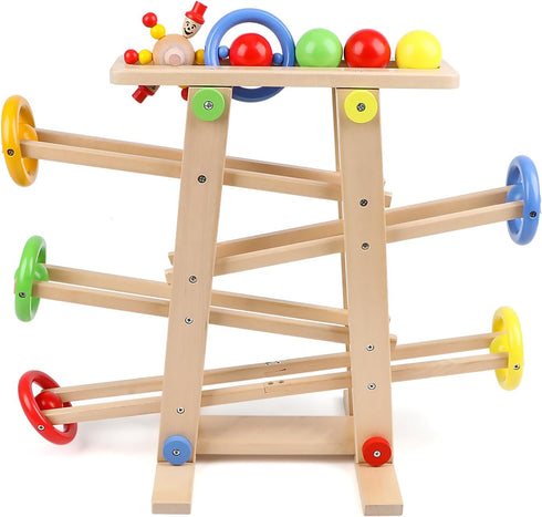 Qilay Wooden Race Track Toddler Toys - Wooden Car Ramp Racer Set with 4 Balls & 5 Race Tracks for Kids