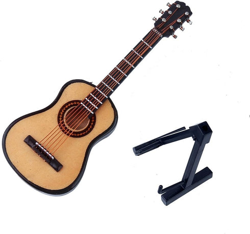 Dselvgvu Wooden Miniature Guitar with Stand, Classic Model for Dollhouse Decoration, 3.94"x1.42"x0.59"