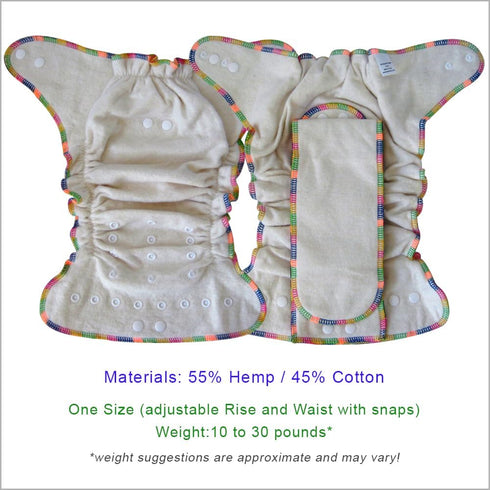 2 (2-Pack) Overnight Hemp Fitted Cloth Diaper: Adjustable One-Size with Snap Buttons and Cotton Hemp Inserts, Unisex