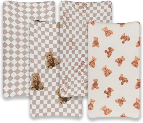 FIGEPO Set Fitted Baby Neutral Changing Pad Covers Bear and Buffalo Check Plaid Breathable Unisex Baby Sheet for Boys
