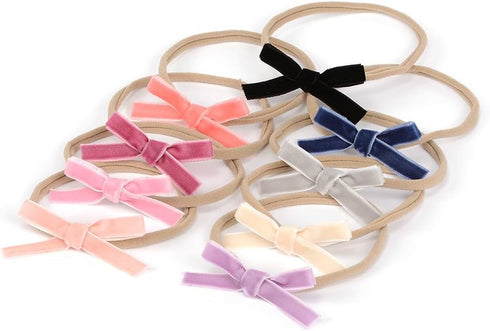 Velvet Ribbon Bow Nylon Headband, Handmade Mini Hair Band for Infants, Pack of 9pcs