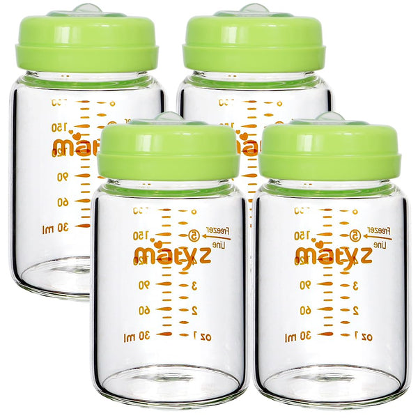 Matyz Glass Breastmilk Storage Bottles, 4-Pack (Green, 6oz Each), Wide Mouth Food-Grade