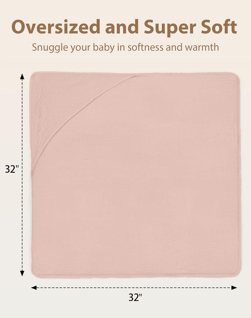 2 Pack, 32" 32" Hooded Baby Towels Muslin Baby Bath Towels with Hood for Newborn Infant and Toddler, Soft Breathable