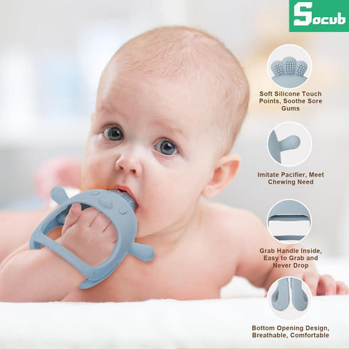 2 Pack 0-6 6-12 Socub Baby Teething Toys for Babies Months, Silicone Teething Mitten and Wooden Ring Toy for Babies