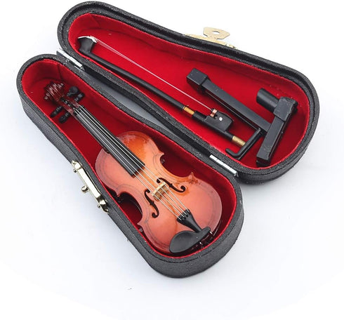 Dselvgvu Wooden Miniature Violin with Stand, Bow, and Case, Mini Musical Instrument Dollhouse Model Ornament Home
