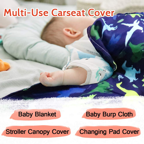 TANOFAR Car Seat Cover Baby, Peekaboo Opening Infant Car Seat Cover for Winter, Warm & Cozy Blue Dinosaur