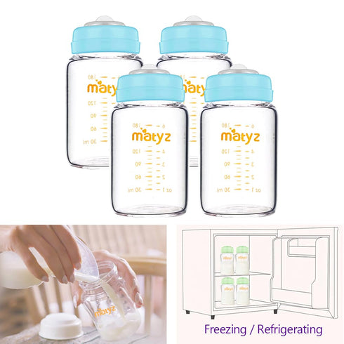 4-PACK 6 Oz Matyz Wide Mouth Glass Breast Milk Storage Containers With Lids (Blue, Each) - Glass Freezer Safe