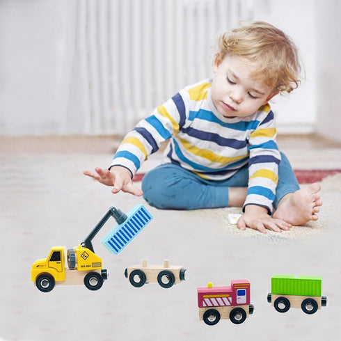 SAIBURAZ Sets 3+ Wooden Trains Cars with Crane Magnetic Train Toys for Wooden Train Tracks Train for Toddlers and Kids