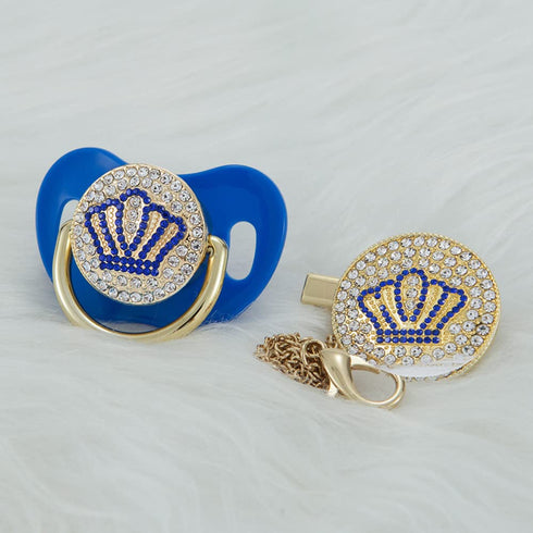 Set Handmade Bling Baby Gold Blue Crown Pacifier and Clip Unique Gift for Baby Shower