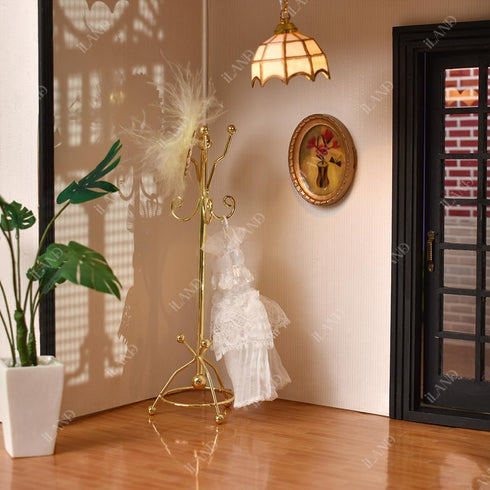 1:12 iLAND Dollhouse Furniture and Accessories on Scale, Miniature Coat Rack & Full Mirror (Golden Color)