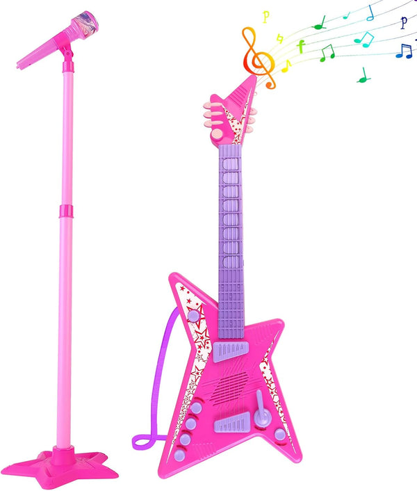 deAO Kids Guitar and Microphone Set, Adjustable Height Microphone with Stand, Music Light Karaoke Toys for Kids