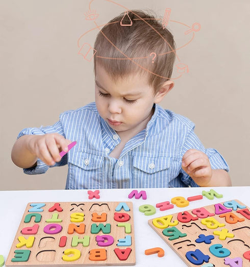 Wooden Puzzles for Toddlers, Alphabet Puzzle and Number Puzzle, Preschool Educational Learning Toys with Chunky Wood