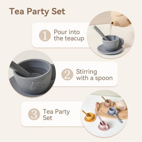 Set 1-3 Set 3 4 5 (15 Tea Party for Little Girls Kids Tea with Silicone Teapot Cups Coasters Carrying Scoop Wooden