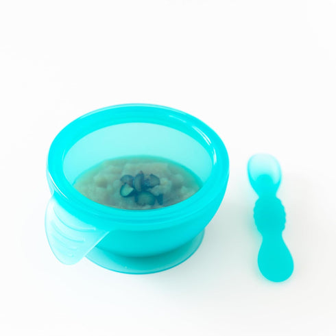 Bumkins Baby Bowl: Silicone Feeding Set with Suction, Spoon, and Lid for Baby Led Weaning, Blue Jelly