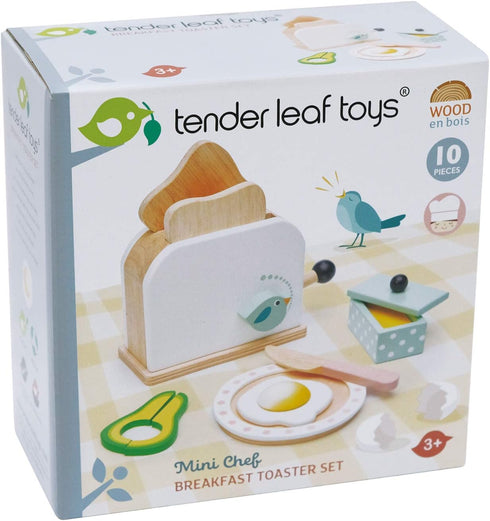 Tender Leaf Toys Mini Chef Breakfast Toaster Set - 10 Pcs Classic Wooden Pop Up Toaster Toy for Pretend Cooking
