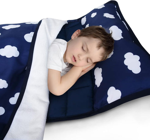 Nap Mat with Pillow and Fleece Blanket for Regalo My Cot, Soft Kids Sleeping Mats for Preschool Daycare, Navy