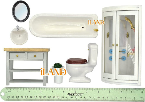 iLAND Dollhouse Furniture and Accessories 1/12 Scale Bathroom Set incl Ceramic Toilet & Bathtub & Wooden Cabinet