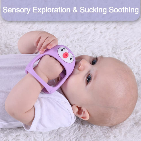 Smily Mia Penguin Teethers, Silicone Teething Toys for Babies 0-6 Months, Hand Teether for Infants, Light Purple