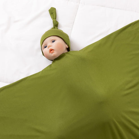 Large Jersey Knitted Swaddle Blanket for Baby, Soft Stretchy Receiving Blanket with Hat, 47 x 47 inches (Olive) BY001