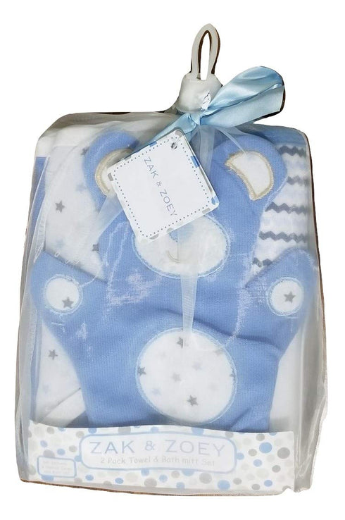 Zak & Zoey 2 Pack Hooded Towels & Bath Mitt Set Blue/White