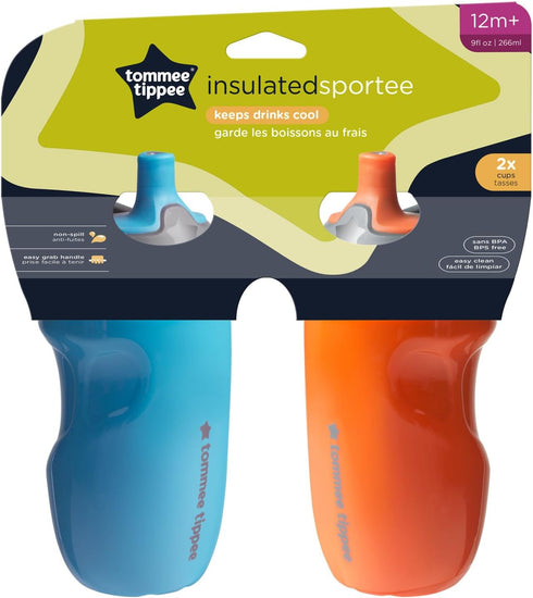 Tommee Tippee Insulated Sportee Bottle, 9oz, Pack of 2 Non-Spill Toddler Water Bottles, Orange and Blue