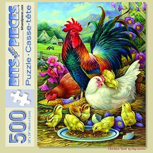 Bits and Pieces 500 Piece Jigsaw Puzzle for Adults, Chicken Yard - Rooster & Hen Farm Puzzle by Artist Oleg Gavrilov