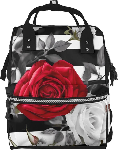KLOPH Diaper Bag Backpack Black White Stripes Red Rose Flowers Mommy Bag Multifunction