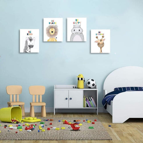 Quzenu Nursery Wall Decor Safari Animal Pictures Kids Inspirational Wall Art for Baby Room Decor Cute Animals Canvas