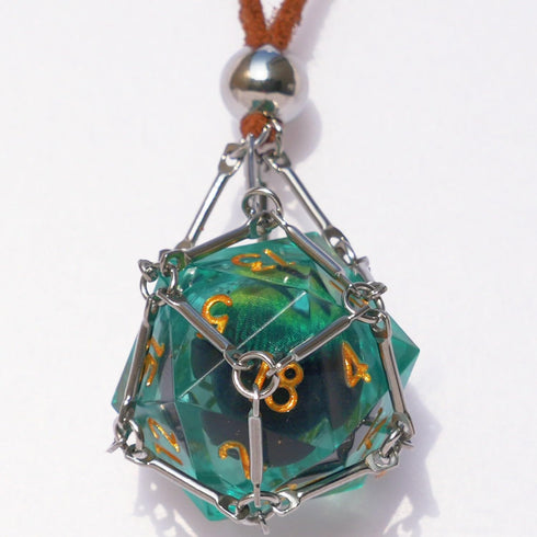DND D20 Dice Removable D20 with Leather Chain & Solid Steel Cage for Dungeons and Dragons RPG