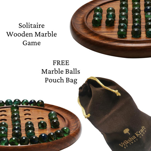 Handcrafted Wooden Solitaire Marble Game, 33 Marble Balls, Large Board Strategy Game for Adults and Family Gifts