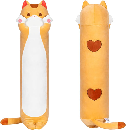 Long Cat Plush Kawaii Body Pillow - 44” Cute Brown Cat Stuffed Animals, Orange Kitten Plush Throw Pillow Gift