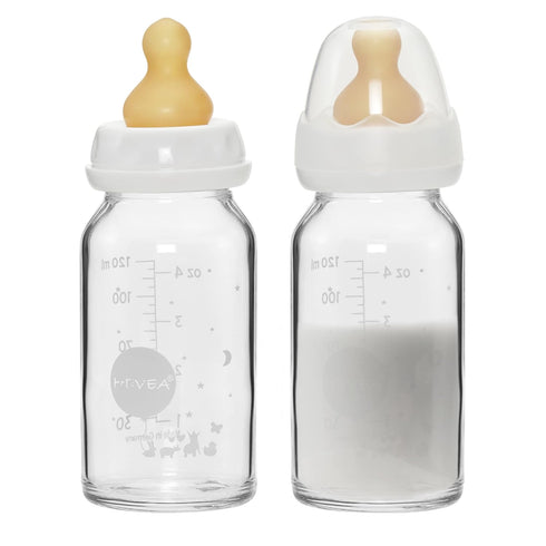 HEVEA Standard Neck Glass Baby Bottles - Natural Rubber Medium Flow Nipples
