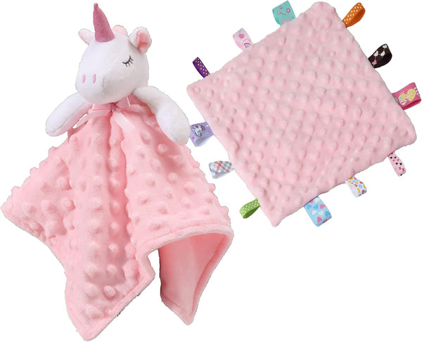 CREVENT Cozy Plush Baby Security Blanket, Minky Dot Front + Sherpa Backing with Animal Face (Pink Unicorn + Tag)