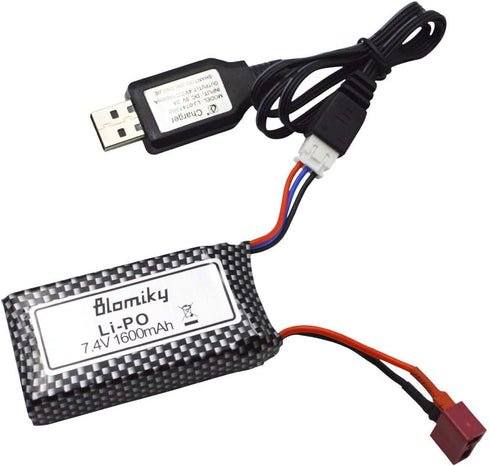 Blomiky 1 Pack 11.84Wh 7.4V 1600mAh T Connector Plug Li-Po Battery with USB Cable for 9125 RC Truck Cars