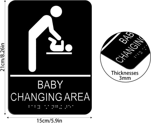Baby Changing Area Sign for Business, ADA Compliant Braille Restroom Sign, 8.27 x 5.9 inch Diaper Changing Station Sign with Adhesive Back, Black Acrylic Baby Changing Station Sign by QEEYON